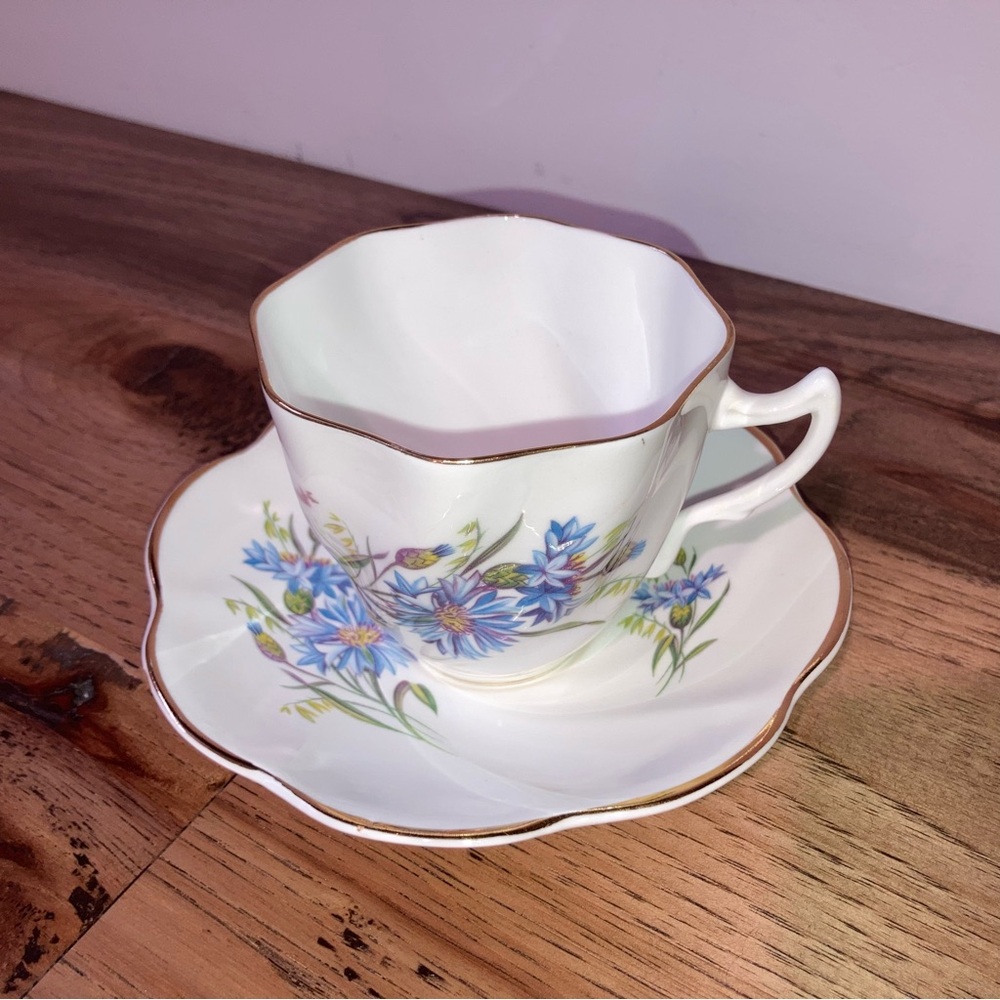 (2/$12)☕️ Vintage Blue Floral Bone China Teacup & Saucer Set - Consort